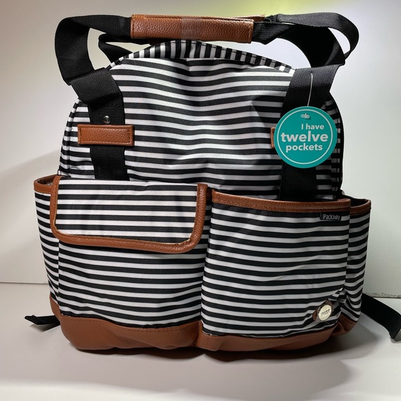 iPack Backpack Diaper Bag Black and White Striped with Leather Accents Med. Size - Picture 13 of 15